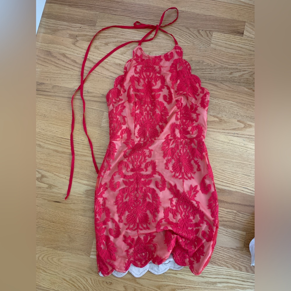Red high neck mini dress